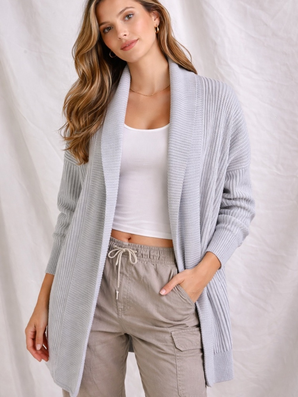 Tahari Light Gray Ribbed Open Cardigan | Shawl Collar Cozy Knit Sweater